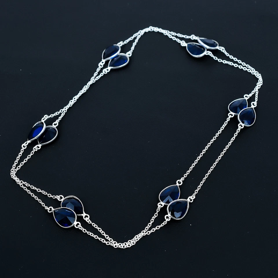 Collar de joyería hecha a mano de piedras preciosas de pera de plata esterlina 925 de iolita 36" VJ 268 Foto 3 de 4