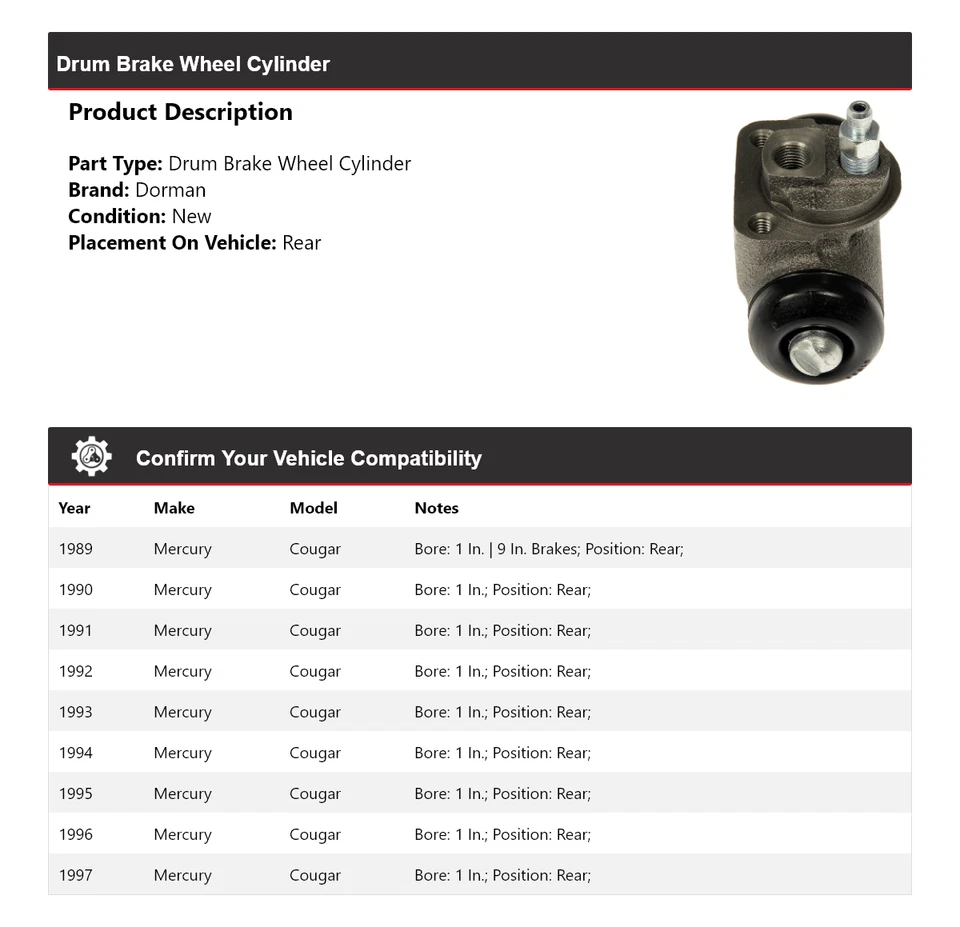 For 1989-1997 Mercury Cougar Dorman Drum Brake Wheel Cylinder Rear 1990 1991 - Image 2 of 4