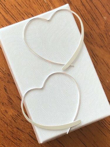 925 Sterling Silver Medium Heart Hoop Earrings Threader Earrings 34mm/1.34"x32mm - Picture 22 of 32