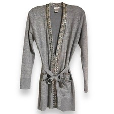 Cache Womens Metallic Sweater Jacket Medium Silver Belt Evening Party Holiday