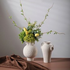 Retro style Beige Ceramic Vase with 2 Handles for Home Decoration Rustic Pottery