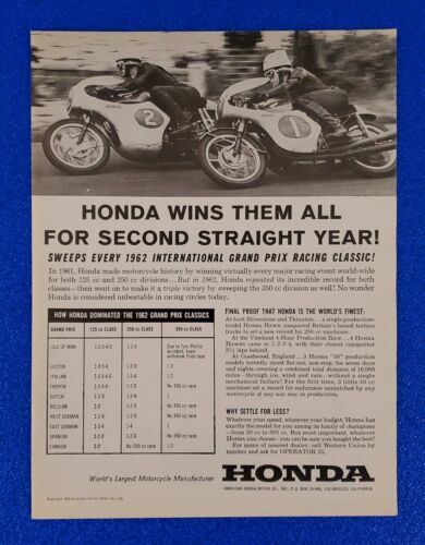 1963 HONDA MOTORCYCLES SWEEP INTERNATIONAL GRAND PRIX RACING CLASSICS PRINT AD