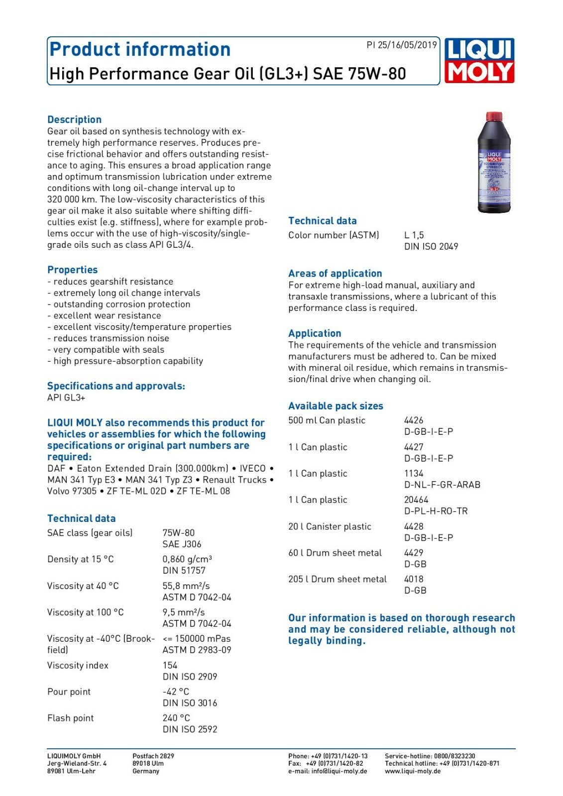 Liqui Moly High Performance Gear Oil GL3 SAE 75W80 4427 1 L Best Car