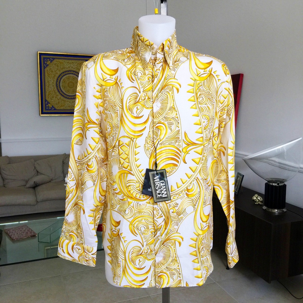 GIANNI VERSACE ivory & gold silk shirt Baroque print size IT 48