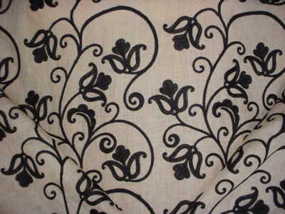 5-1/4Y Kravet 9323 Jet Black Gothic Embroidered Floral Linen Upholstery Fabric