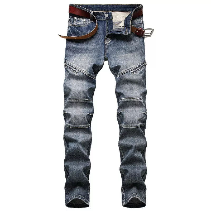 Men Distressed Frayed Slim Fit Biker Denim Pants Stretch Ripped