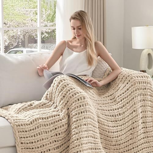 Chunky Knit Blanket Throw 60"x80", 100% Hand 60x80 Inches 03 - Sandshell - Picture 3 of 7