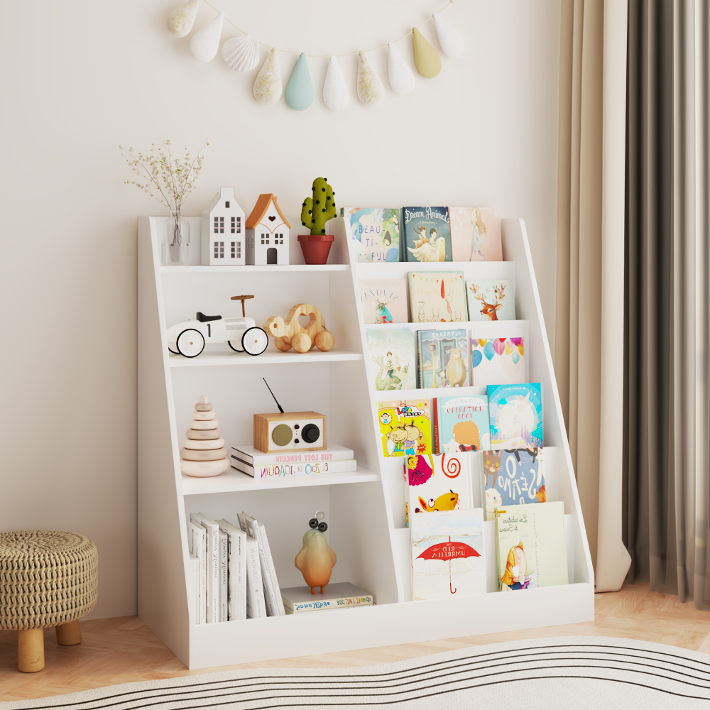 New Kids Bookshelf and Toy Storage Organizer, Multifunctional 4 Tier Wooden Kids