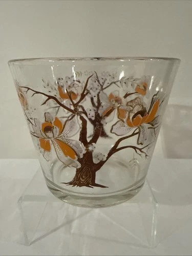 CULVER Asian Lotus Tree Gold Orange Glass Ice Bucket MCM