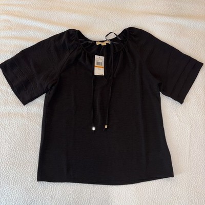 Michael Kors Women's Blouse Small Black V-Neck Top Short Sleeve w/ Tie Strings
