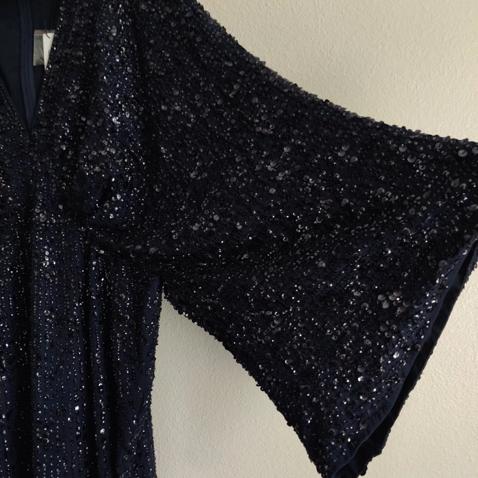 Vestido midi glamuroso lápiz lentejuelas kimono azul marino edición ASOS talla 18 fiesta boda Foto 4 de 4