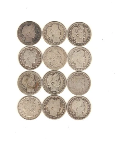Rare Estate Sale Lot Of 12 Barber Quarters US Silver Coins 1892-1915 SILVER