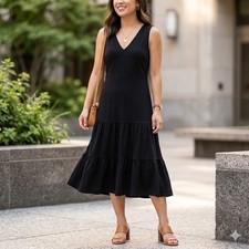Banana Republic Black Tiered V-Neck Midi Dress - Petite Medium - Versatile LBD