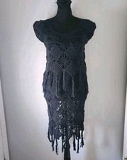Farm Rio Black Sheer Crochet Midi Dress Fringe Accents Boho Size P 