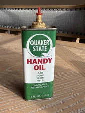 Vtg. Quaker State Auto Oil Can Tin Handy Oiler Hunting Tackle Shop Display w/Cap
