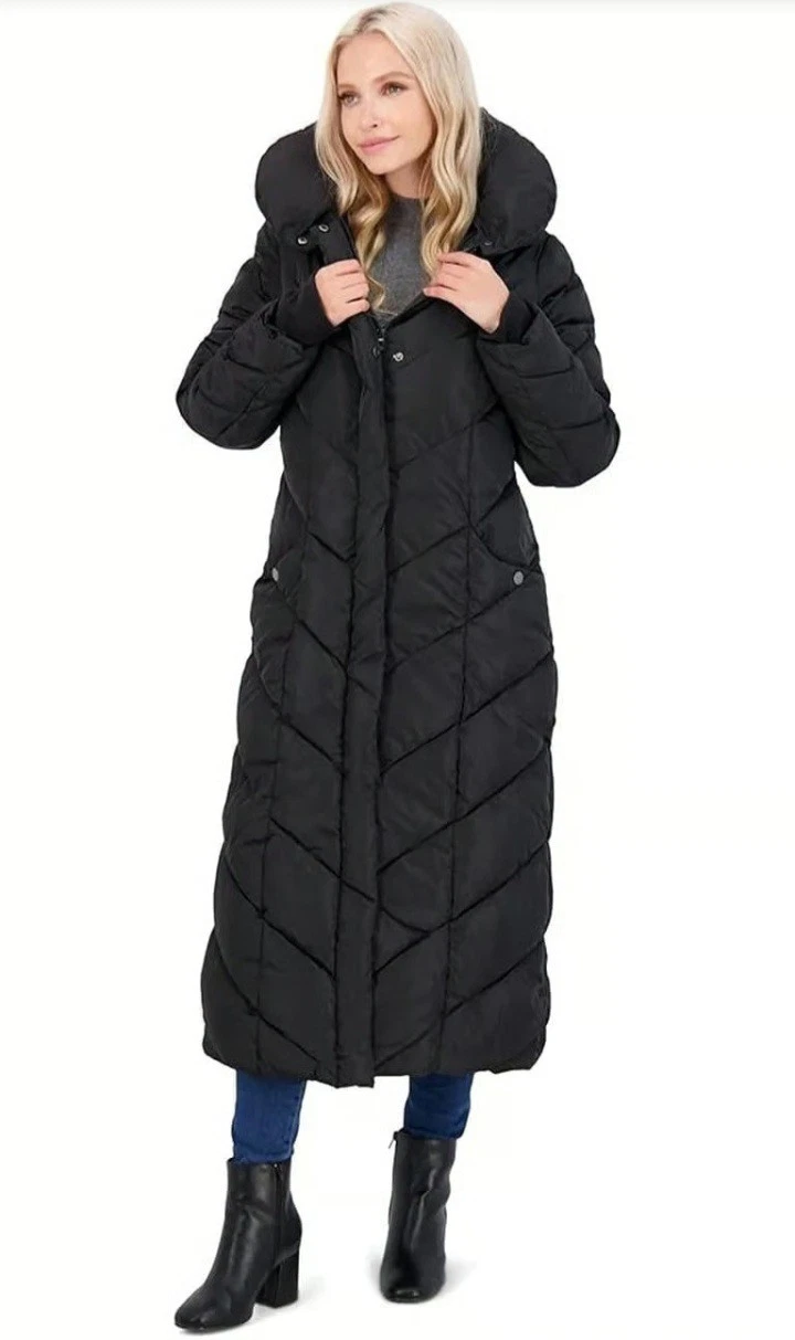 Women's Steve Madden Long Hooded Pillow Collar Puffer Coat, Size Medium - Black