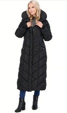 Women's Steve Madden Long Hooded Pillow Collar Puffer Coat, Size Medium - Black