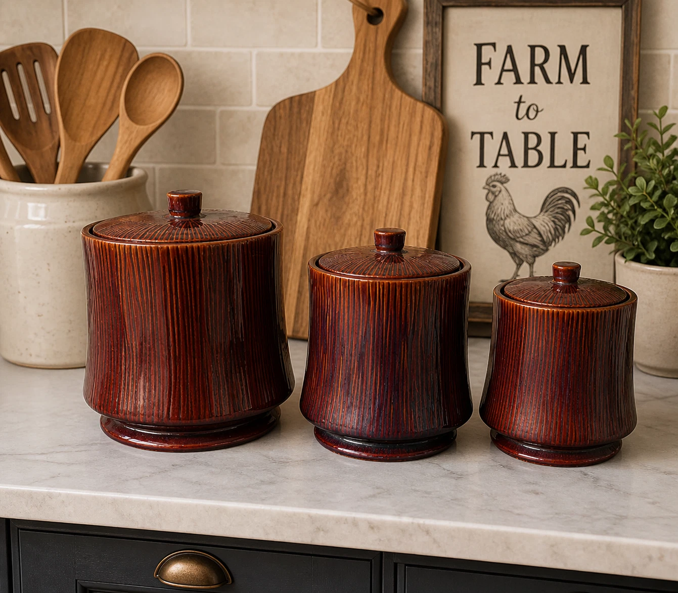 Canisters Colin Cowie Kitchen JC Penney Set of 3 Ceramic Brown Dishwasher Safe
