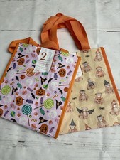 Small Reusable Shopping Tote Bag Two 2 Pack Halloween Pumpkins Teddy Bears