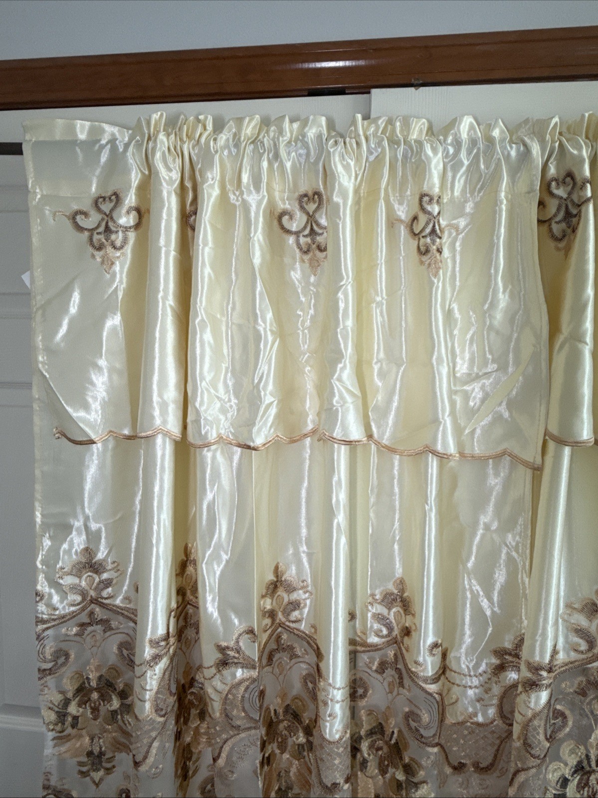 Pair (2) Curtain Panels Attached Valance Ivory Shimmer Satin Sheer Lace 54 X 87”
