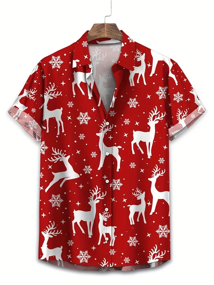 Funny Ugly Christmas Red Reindeer Stag Print Button Up Short Sleeve Party Shirt - Image 2 of 3