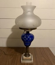 Antique Sandwich Glass Lamp Overlay Cobalt Bl...
