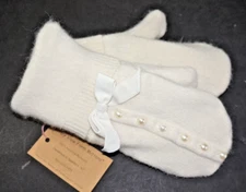 Valley View Farms Recycled Wool Sweater Mittens Fleece Lined Ivory Pearl Beaded