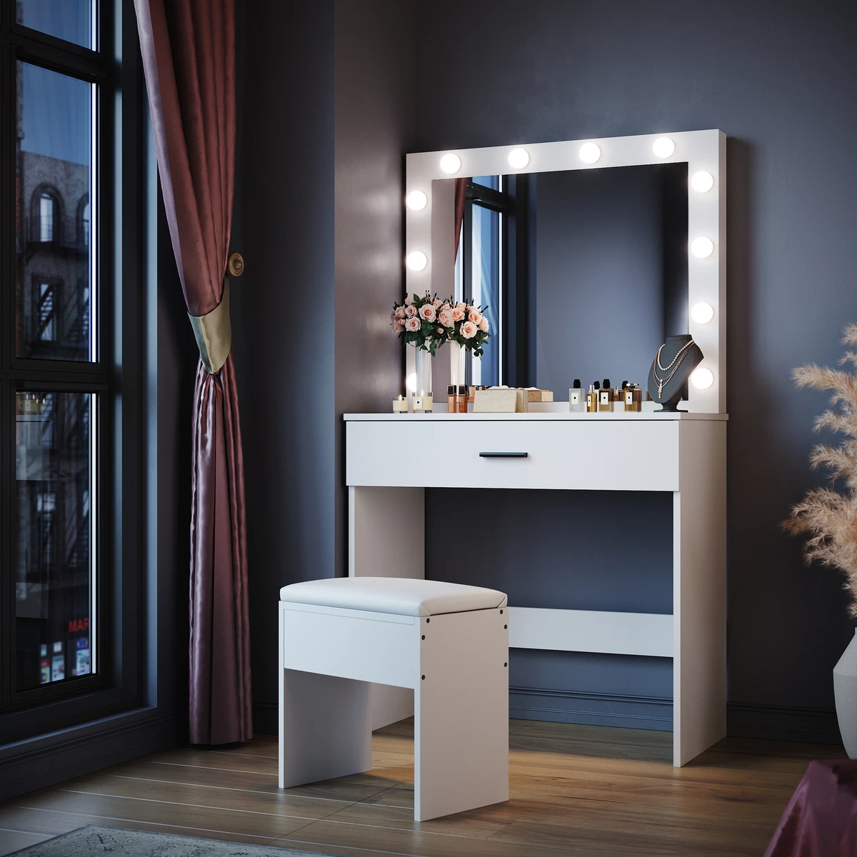 White LED Dressing Mirror Makeup Table Bedroom Vanity Unit Set with Stool Drawer