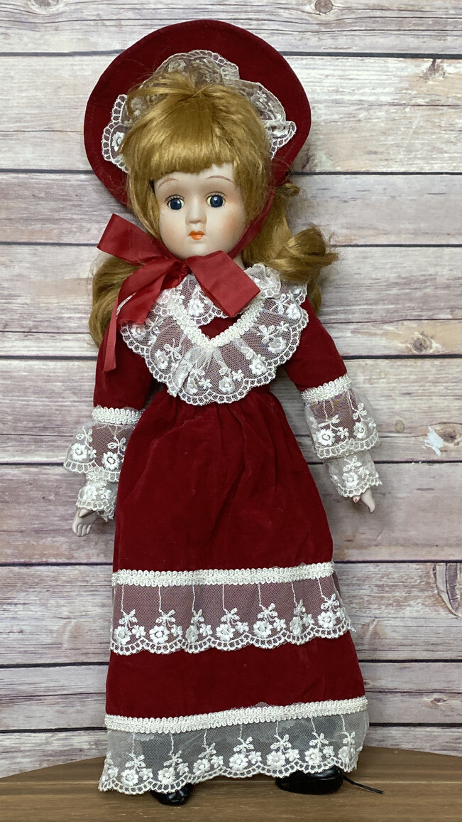 Vintage, Albert E. Price 18in Porcelain Doll in Red Velvet Dress
