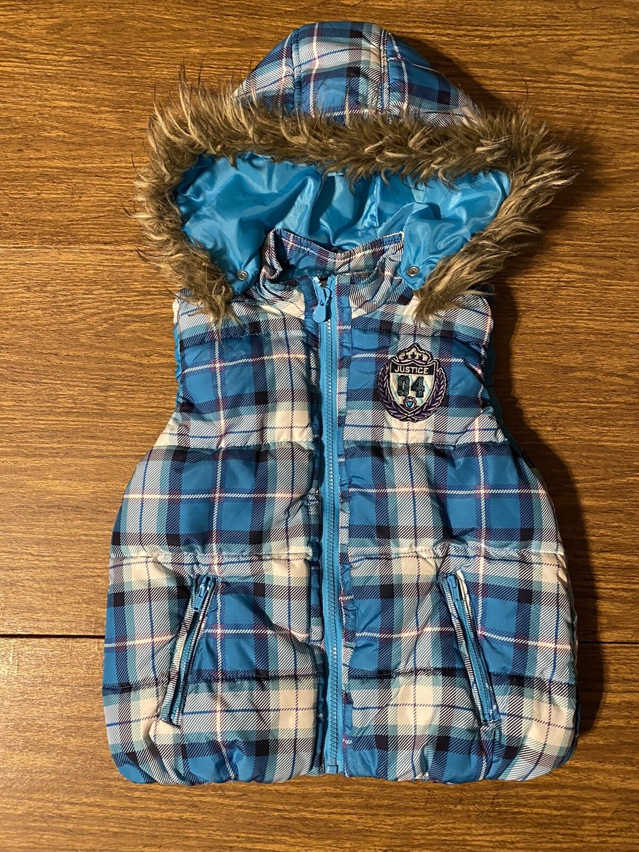 Gilet Fille Justice – Bleu Blanc à Carreaux – Taille 12 – Capuche Snap Off Fourrure