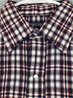 Panhandle Western  Snap Button Shirt Men Size L Slim Pearl Red Tartan Plaid NWOT