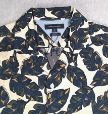 Tommy Hilfiger Mens Short Sleeve Med Shirt Button Linen Cotton Tropical Festival