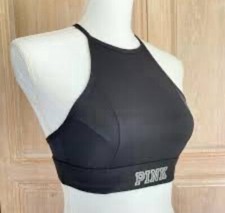 NEW VICTORIA  S SECRET PINK BLACK HIGH NECK SPORTS BRA SZ L