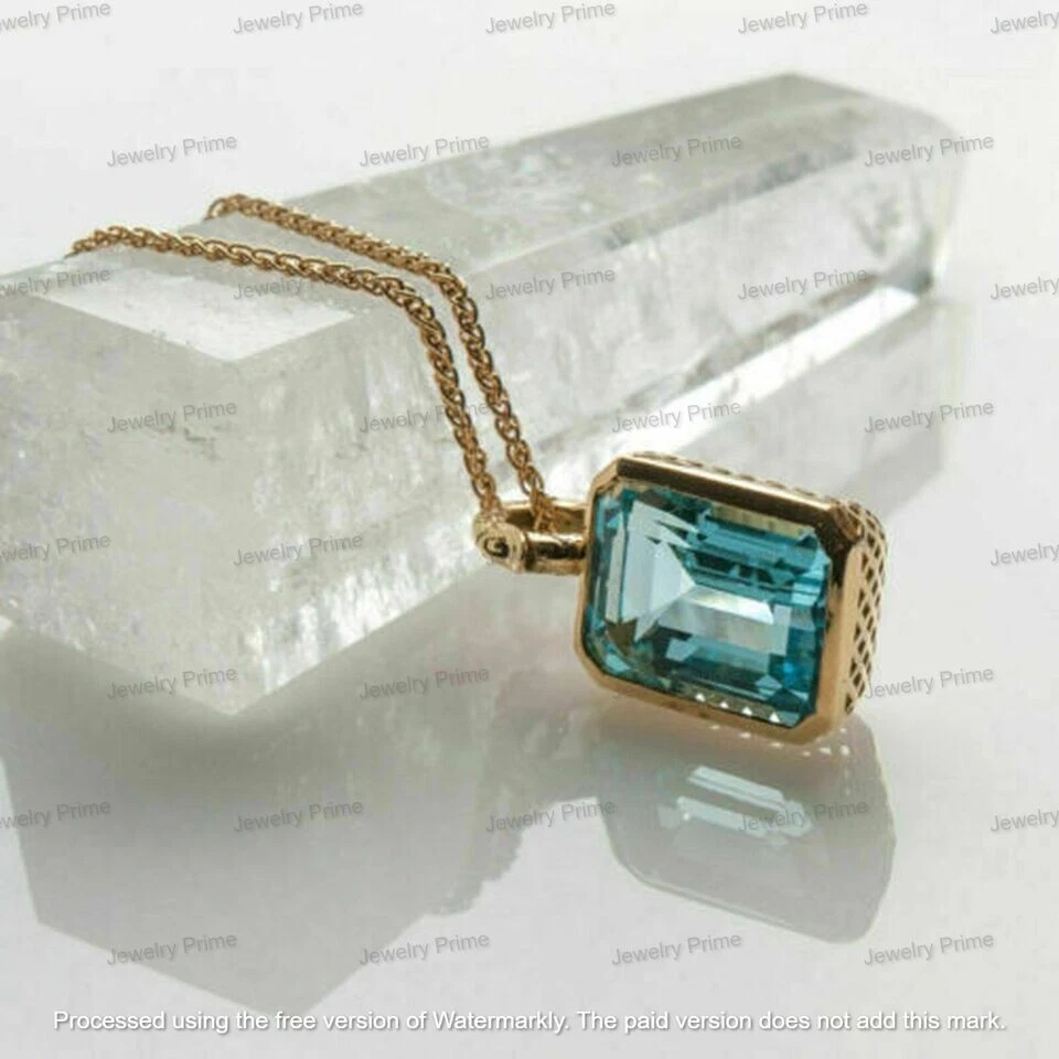 Pingente solitário 4 quilates corte esmeralda água-marinha acabamento ouro amarelo 14K corrente livre - Imagem 3 de 4
