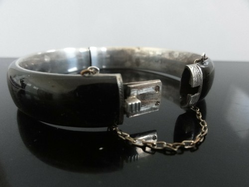 Signed Victorian Austrian Silver & Black Enamel Pearl Mourning Bangle Bracelet - 第 6/9 張圖片