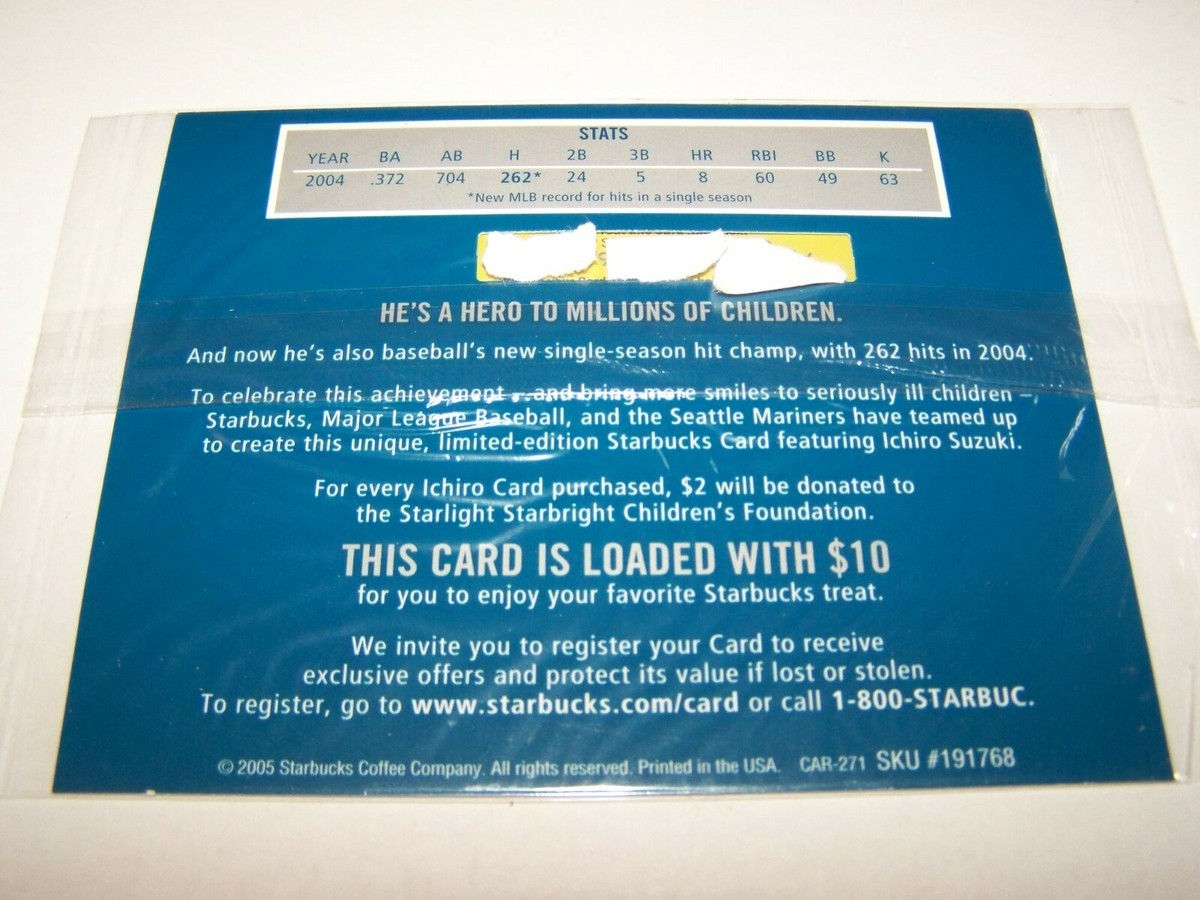 2005 ICHIRO SUZUKI STARBUCKS CARD 262 HITS NEW RECORD UNOPENED NOS 2005 ICHIRO SUZUKI STARBUCKS CARD 262 HITS NEW RECORD UNOPENED NOS