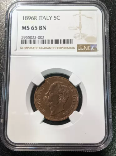 1896 MS65 BN Italy 5 Centesimi NGC UNC KM 31 Umberto I SCARCE GRADE! 2 Year Type