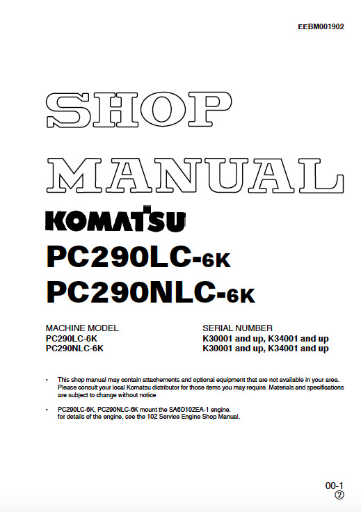 Komatsu Excavator PC290LC-6K PC290NLC-6K Shop, Repair Manual