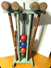 Croquet Set Wooden 4 Person 4 Mallets and 4 Balls 1 Stake 1 Stand No Wickets VTG
