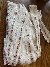 Vtg lace floral ribbon off white pink green 8.5 yards DARLING 