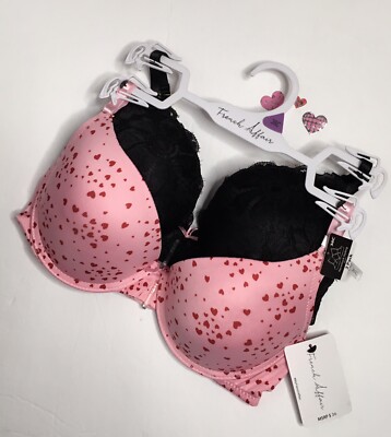 FRENCH AFFAIR 2PK WOMENS PUSHUP BRAS HEARTS Pink~Black LACE Racerback 36-38C NWT