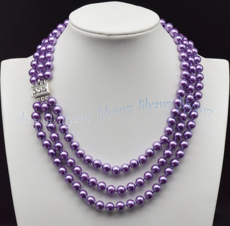 Lote 3 filas de collar de perlas concha de mar del Sur multicolor redondo de 8 mm genuino 17-19"" Foto 4 de 4