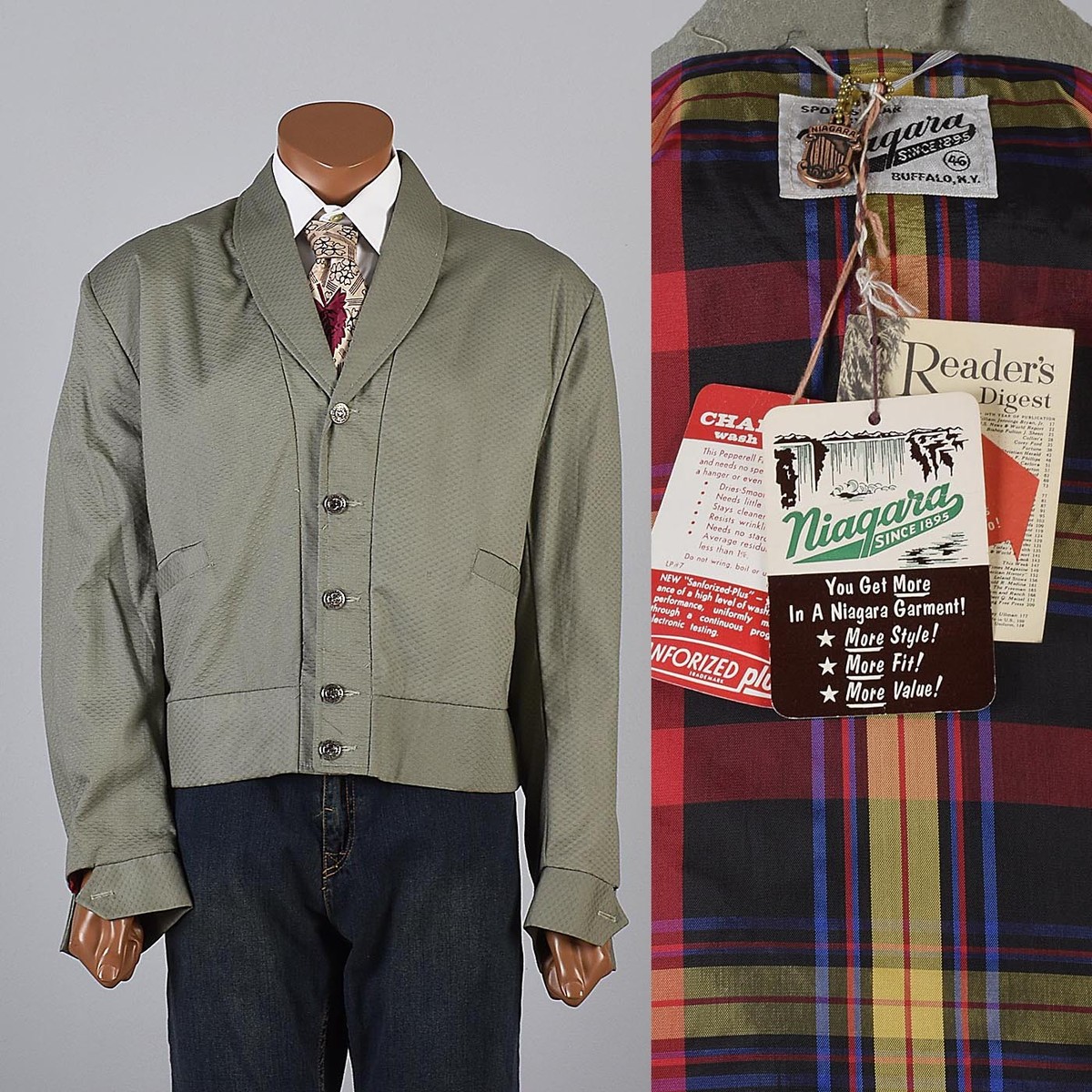 46 XL 1950s Mens NOS Shawl Collar Casual Jacket Plaid Lined 46 XL 1950s Mens NOS Shawl Collar Casual Jacket Plaid Lined