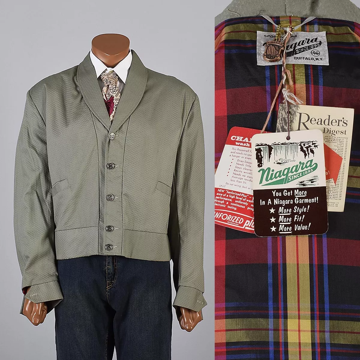 46 XL 1950s Mens NOS Shawl Collar Casual Jacket Plaid Lined Car Club  Sanforized