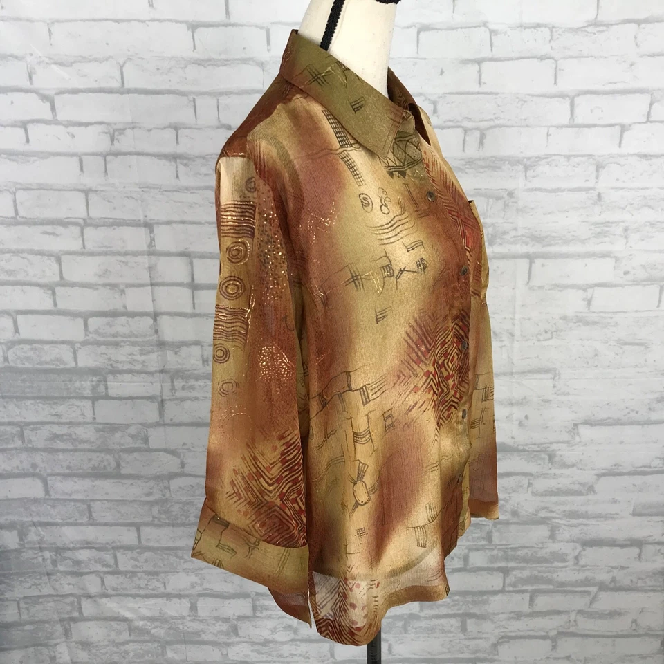 Coldwater Creek XL Shirt Top Sheer Button Up Earthtones Lightweight Gold Accents - Image 3 of 4