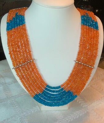 SS .925 CARNELIAN & NEON BLUE APATITE 7 STRAND NECKLACE NEW !