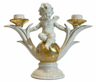 Antigua estatuilla de porcelana ángel querubín cupido candelabro Carl Scheidi... - Imagen 1 de 4