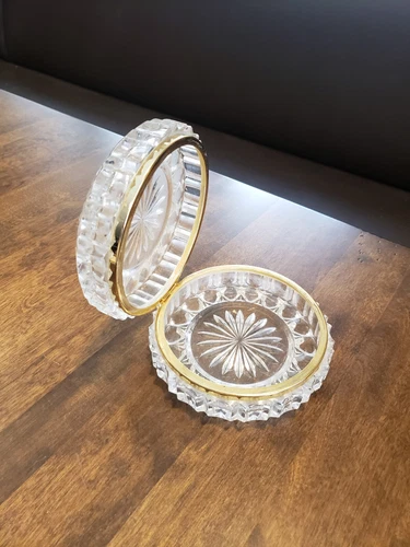 Vintage French Cut Crystal Baccarat Style Round Hinged Trinket Box 5"