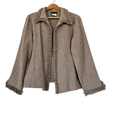 Linda Lundstrom Cardigan Sweater Womens 12 Beige Ruffle Wool Open Front Classic