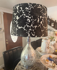 Silver Crackle Glass Table Lamp, Black White Floral Drum Shade Included